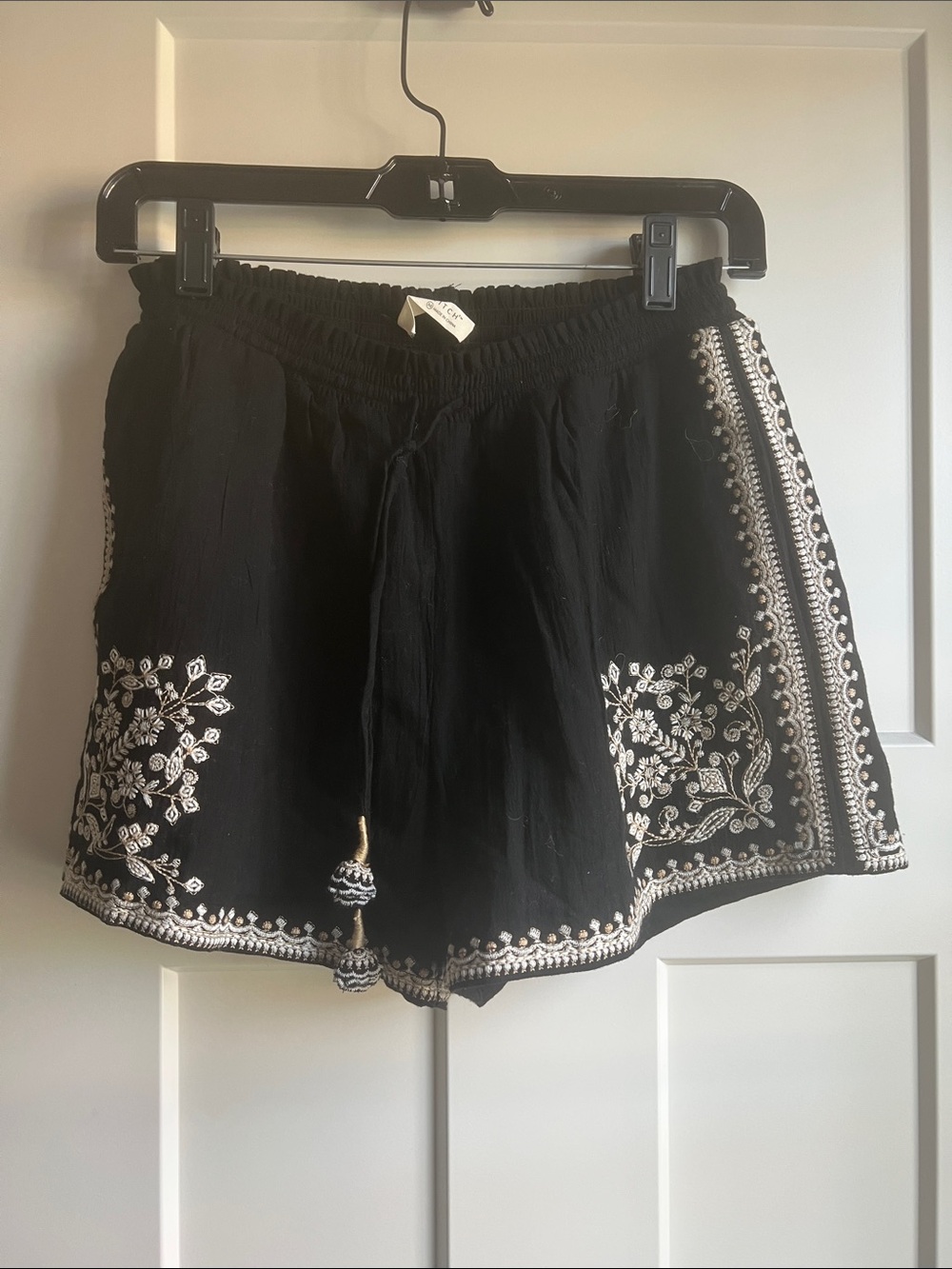 lovestitch Black Embroidered High-Waist Shorts with Tassel Drawstring